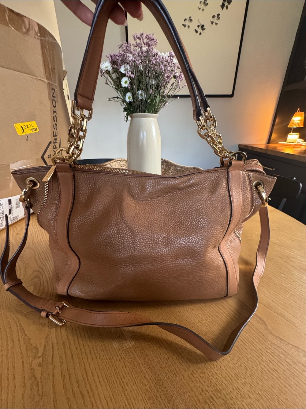 Michael Kors Leather Shoulder Bag in Tan with Gold Hardware